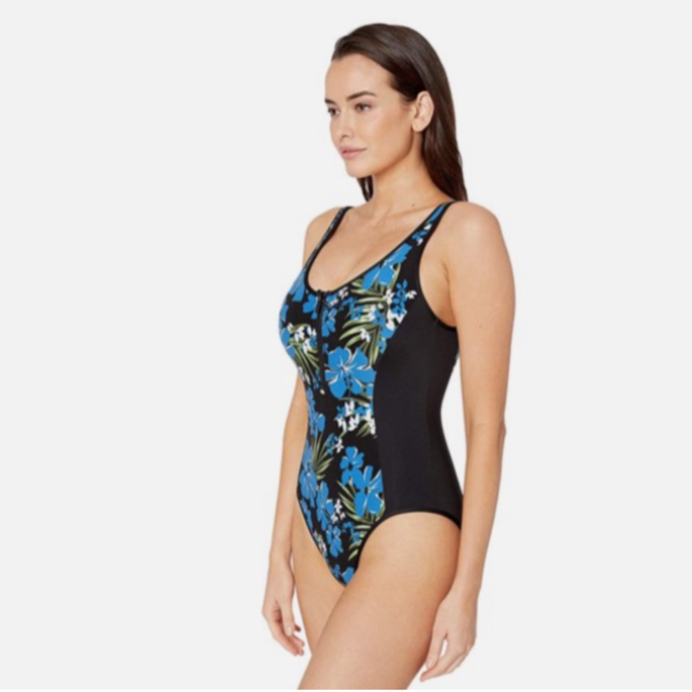 MICHAEL Michael Kors Bold Tropical Bliss Front Zip One-Piece Black Multi 6 NWT
